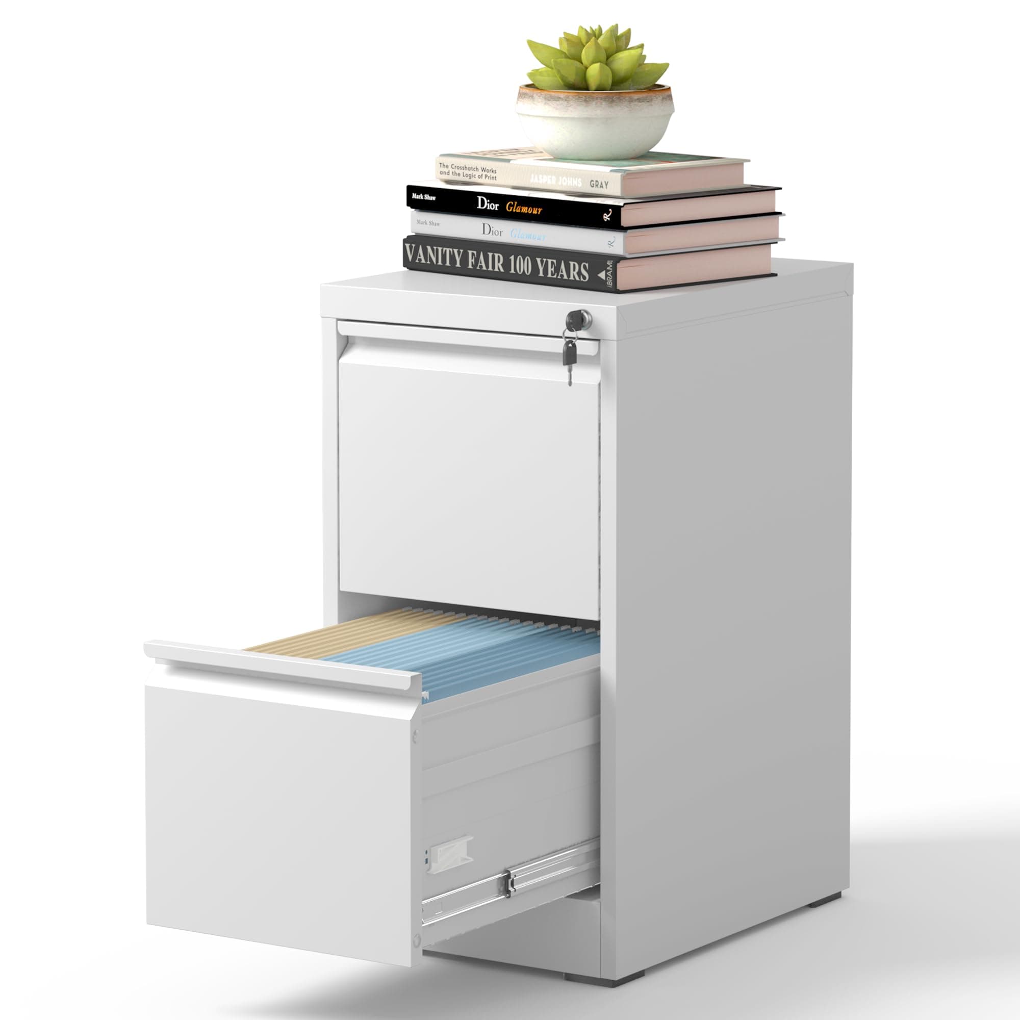 BIZOEIRON 2 Drawer File Cabinet with Lock, Metal Vertical Filing Cabinets for Home Office, Steel Storage Cabinet for Hanging Legal/Letter Size Files, Assembly Required (White)