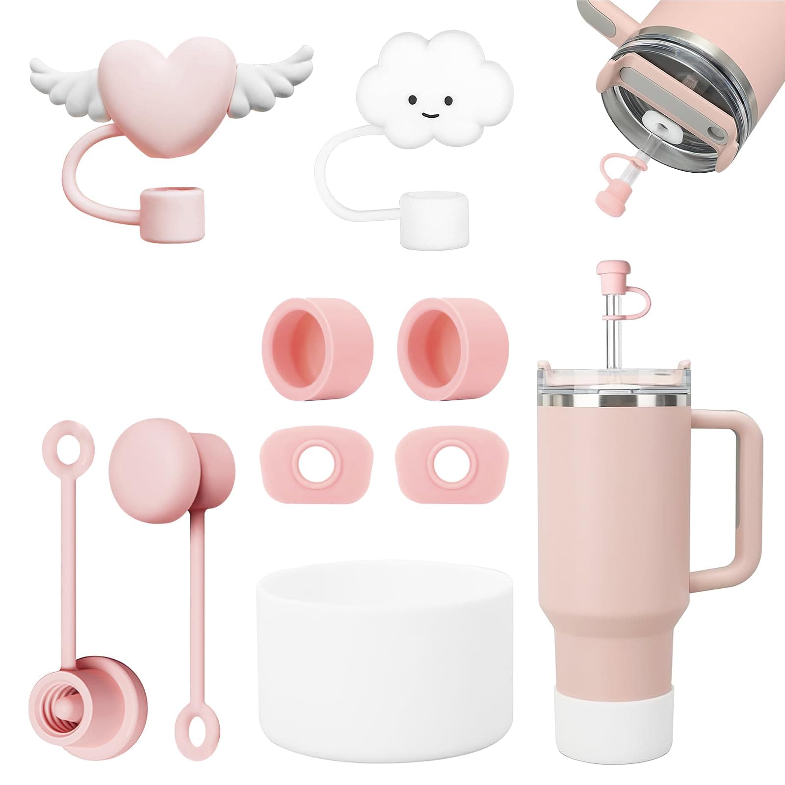 Stanley Cup Straw Accessories Set - 6 Silicone Spill Proof Stopper, 2 Straw Cover Caps, White Silicone Boot for 40oz & 30oz Tumblers