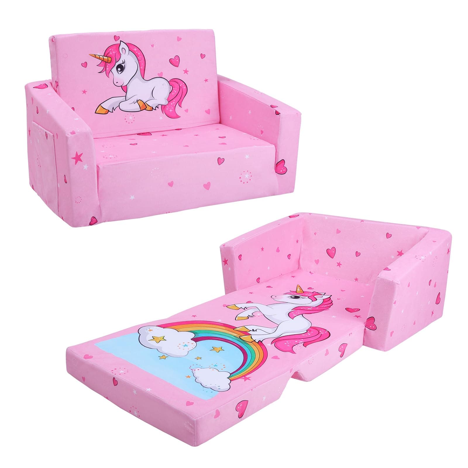 Kids Couch Foldable Kids Sofa 2 in 1 Children Convertible Sofas to Lounger Fold Out Toddlers Sofa Bed for Playroom Bedroom Living Rooms Boys and Girls