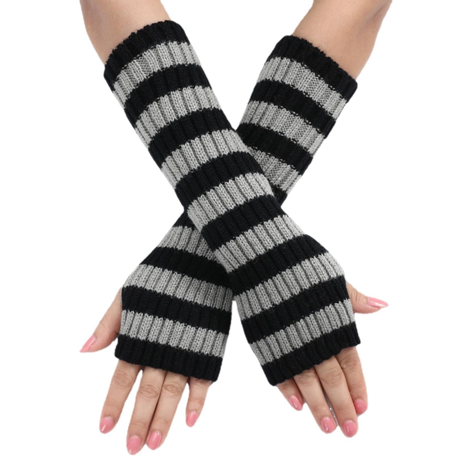 Y2k Striped Arm Warmers Long Fingerless Knitted Gloves Punk Gothic Old Emo Scene Cool Winter Arm Sleeves Grunge Accessories