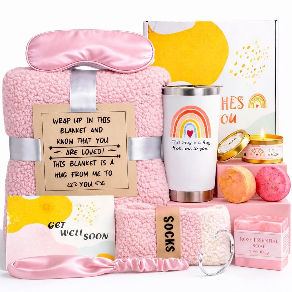 Get Well Soon Care Package for Women, 12 Pcs Deluxe Self-Care Gift Box with Pink Cozy Blanket, Tumbler, Candle & Spa Feel Better Basket – After Surgery, Thinking of You, Encouragement Recovery Gifts
