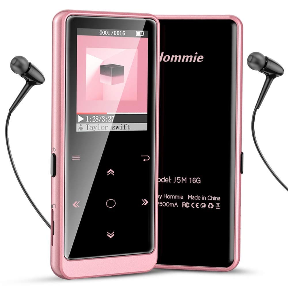 Hommie 16GB Bluetooth MP3 Player with FM/Recording, Lossless Sound HiFi MP3 Player Metal Touch Button Music Player with Independent Volume Control, Supports up to 128GB, Rose Gold