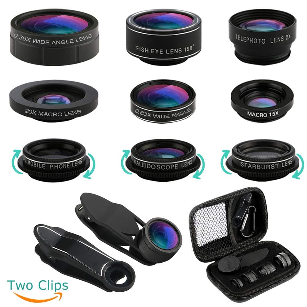 iPhone Lens, Cell Phone Lens Kit 11-in-1,Super Wide Angle Lens+Super Macro Lens+Fisheye Lens+Starburst+CPL +Kaleidoscope+Telephoto Lens for iPhone X/8/7/6s/6 Plus, Samsung, Android Smartphones
