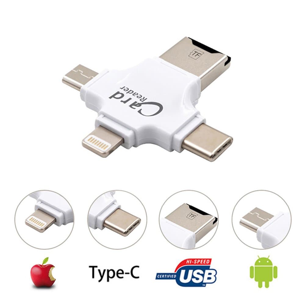 Portable Card Readers, 4 in 1 Micro SD Card Reader Mobile Phone USB Flash Drive USB TF Flash Memory USB Stick with Lightning Connector for iPhone/iPad/Mac/PC/Android (White)