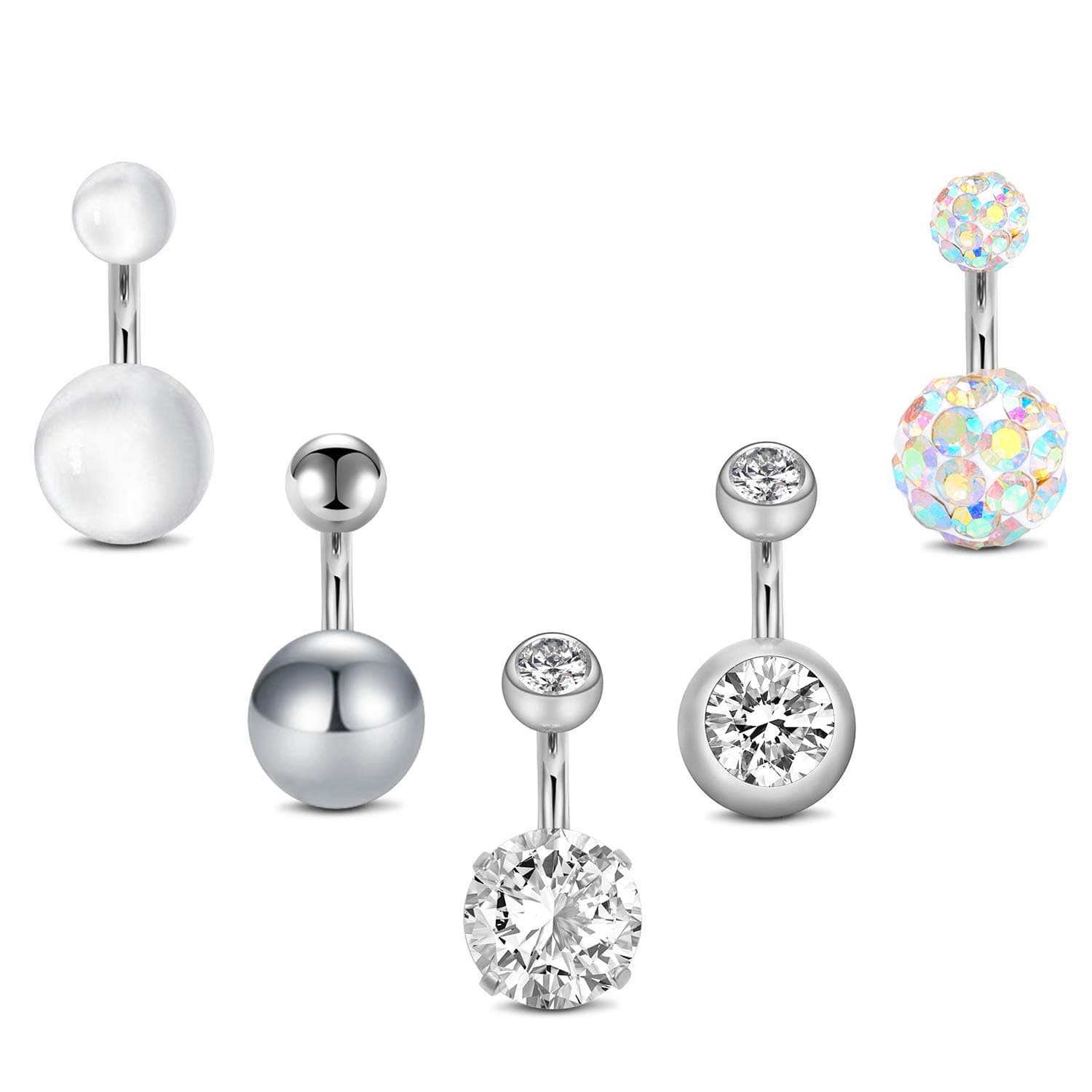 Belly Rings - Short Bar Belly Button Rings in Surgical Steel with Opal Stones - 6mm & 10mm