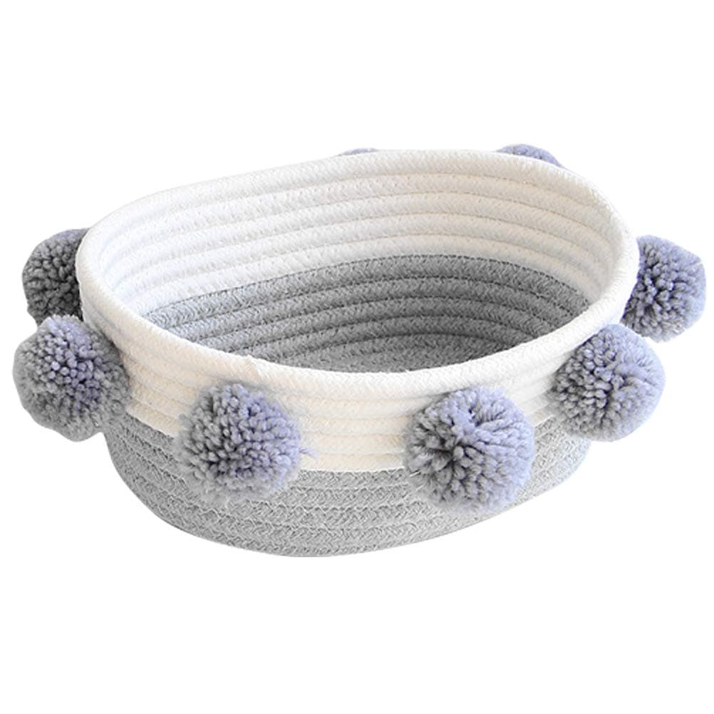 Znvmi Cotton Rope Basket Woven Small Storage Container Pompoms Decorative Basket Desk Shelf Organizer for Baby, Cosmetics, Stationery Storage - Grey