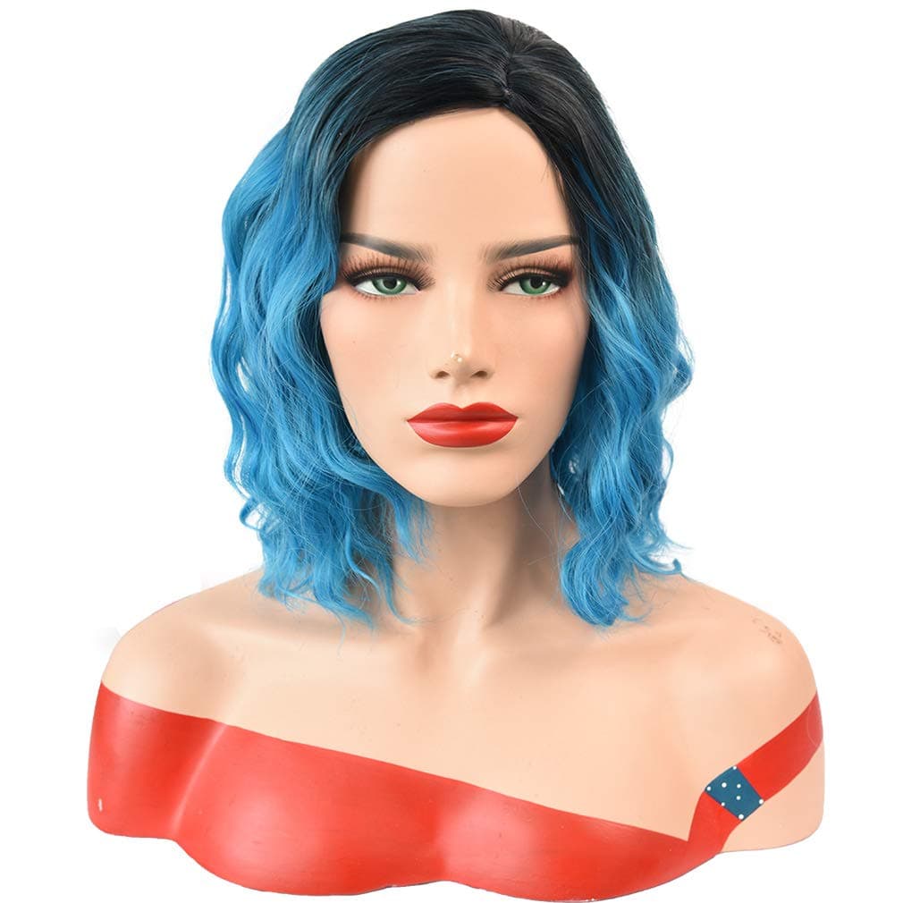SEIKEA Short Color Wig for Women with Root Girl Cosplay Curly Hair - Blue