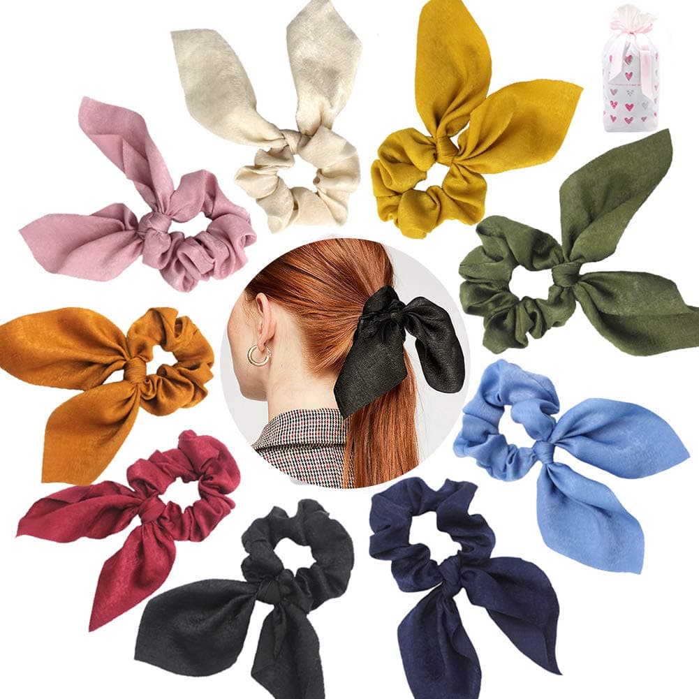 MOROTOLE Hair Scrunchies Elastics 9pcs Scarf Chiffon Satin Silk Elastic Bunny Ear Bow Hair Ties Ropes Ponytail Holder Accessories for Women Girls