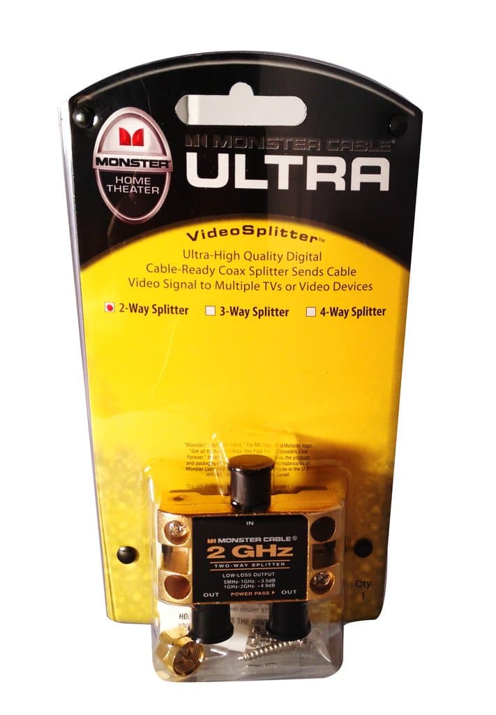 Monster Cable Ultra Two Gigahertz Low-Loss RF Splitter for TV and Satellite - 2 Way 2 GHz RF Splitter