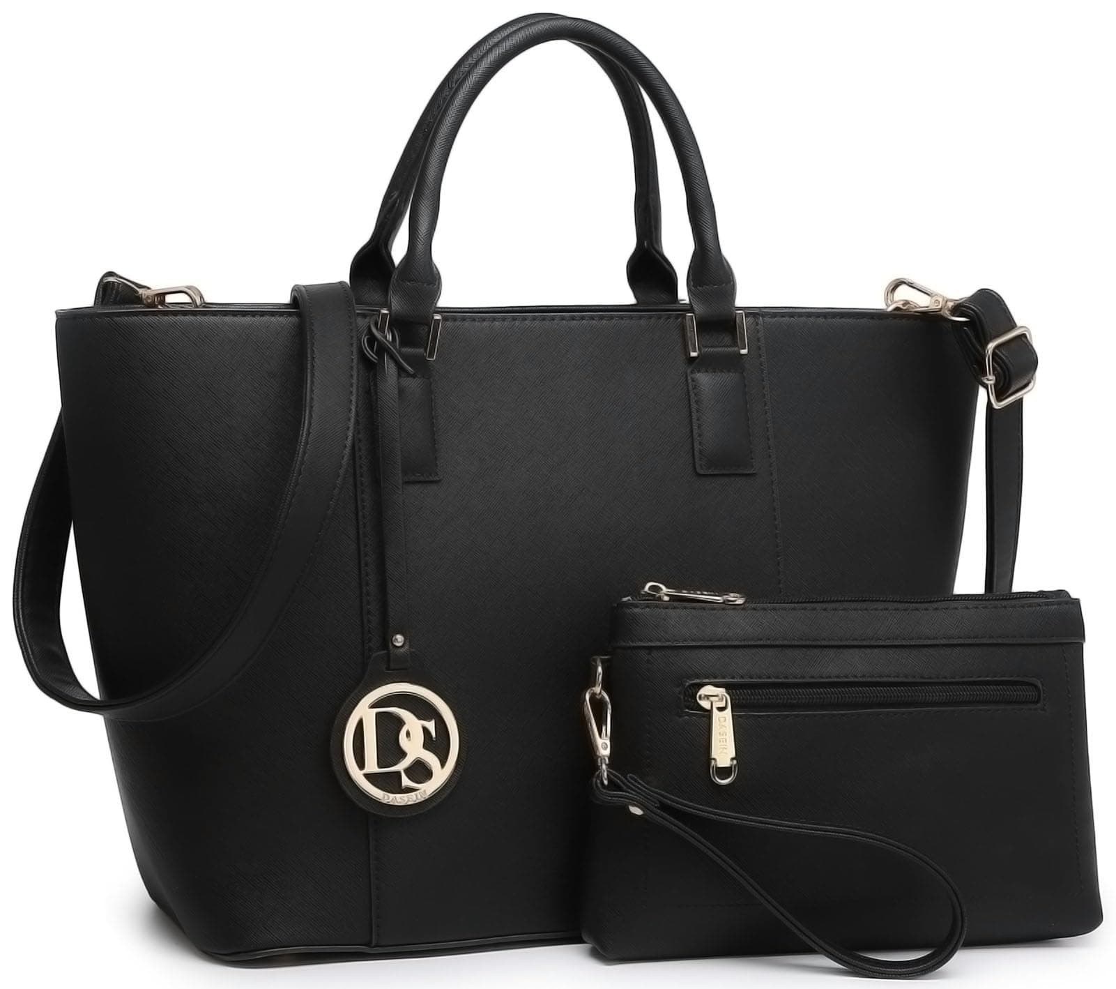 Dasein Women Satchel Purse Handbag Shoulder Bag Work Tote Bag with Matching Clutch, Black, L
