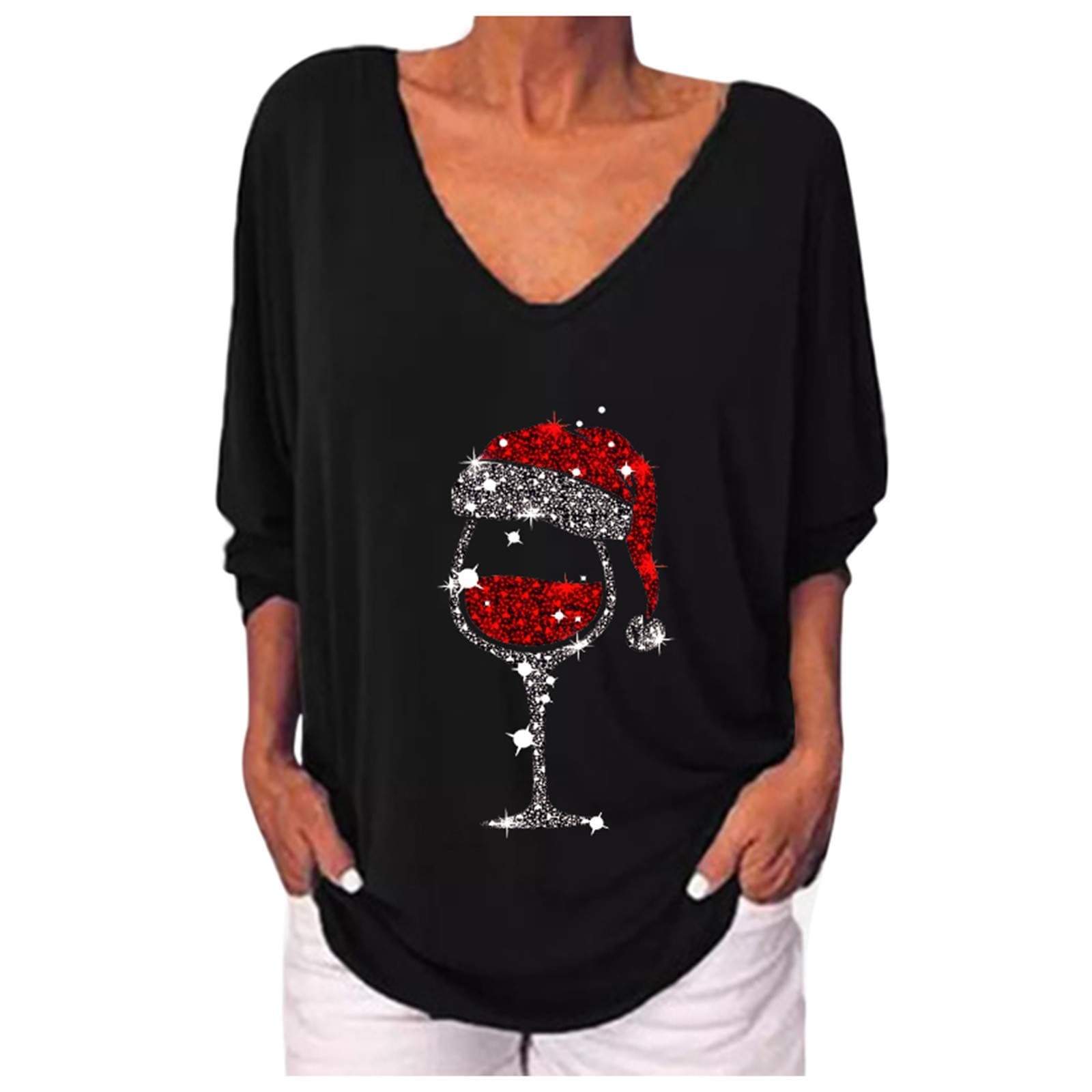 Women's Christmas Hats Glass Sweatshirts Back Button New Long Sleeve Xmas T Shirts Wine Cup V-Neck Pletaed Jumper Tops Ladies Casual Classic Festival Tees
