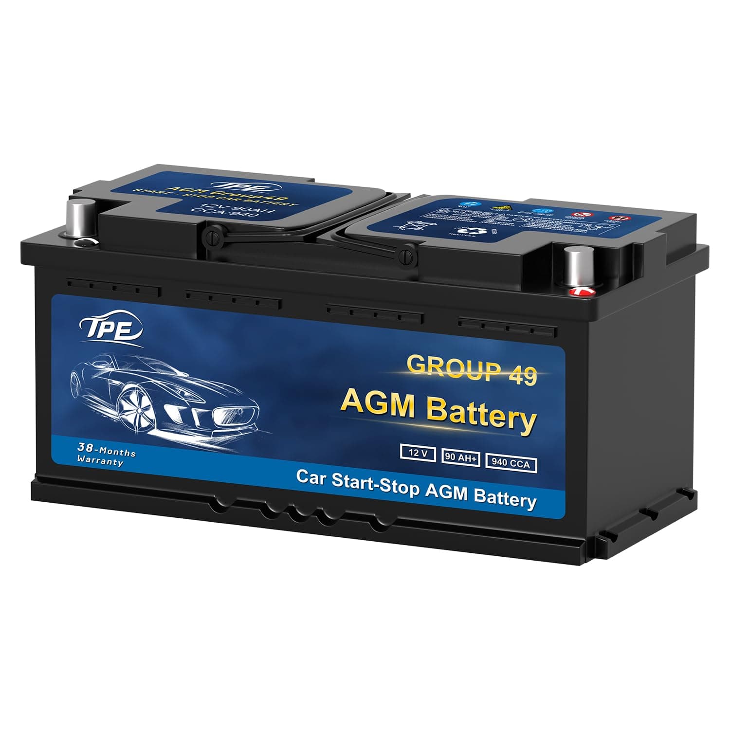AGM Battery BCI Group 49, Maintenance Free 12V 90Ah, H8 Size, 160RC, 940CCA, Automotive Battery, Reliable Performance for Cars Lead-Acid