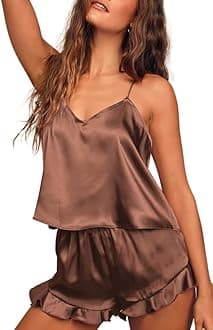 Ekouaer Satin Pajama Set for Women Silk Pjs for Women Set Camisole Top and Shorts with Ruffle Sleepwear
