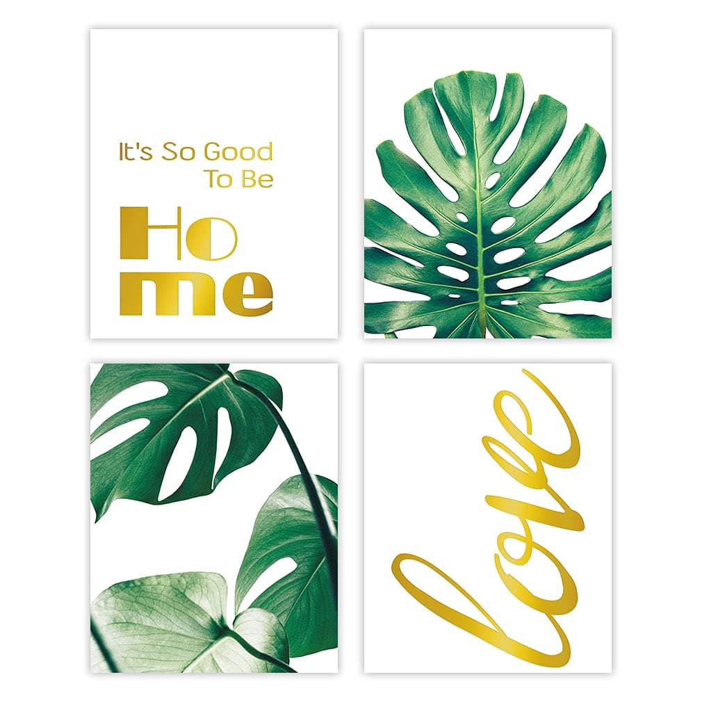 LHIUEM Abstract Watercolor Tropical Leaves Print&Warm Inspirational Lettering Quote Gold Foil Print, Botanical Painting For Living Room Bedroom Home Decor (set of 4, 8’’ x 10’’,Unframed)