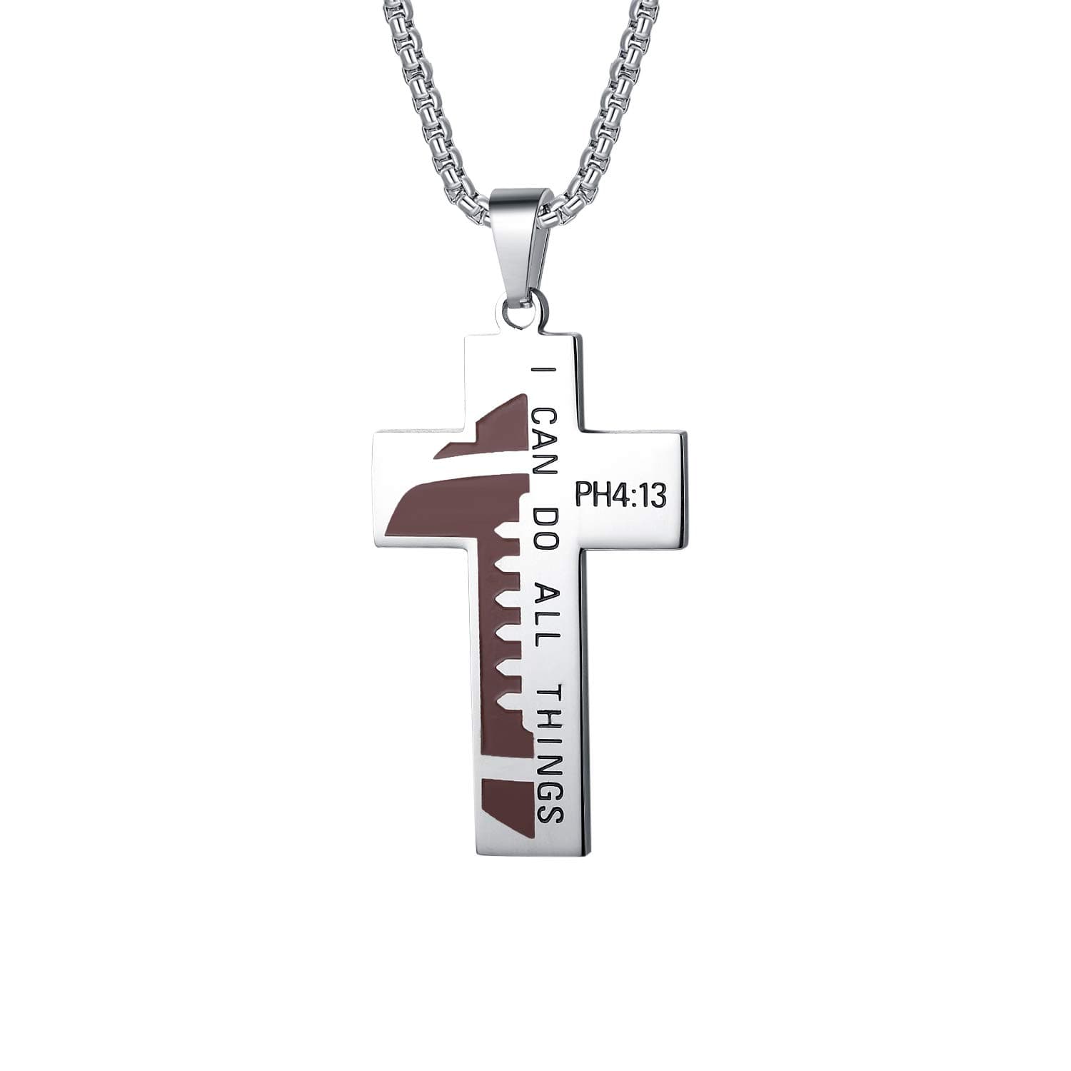 YOYO&YOKI Football Cross Pendant for Men Bible Verse I CAN DO All Things Stainless Steel Strength Sport Necklace for Boys