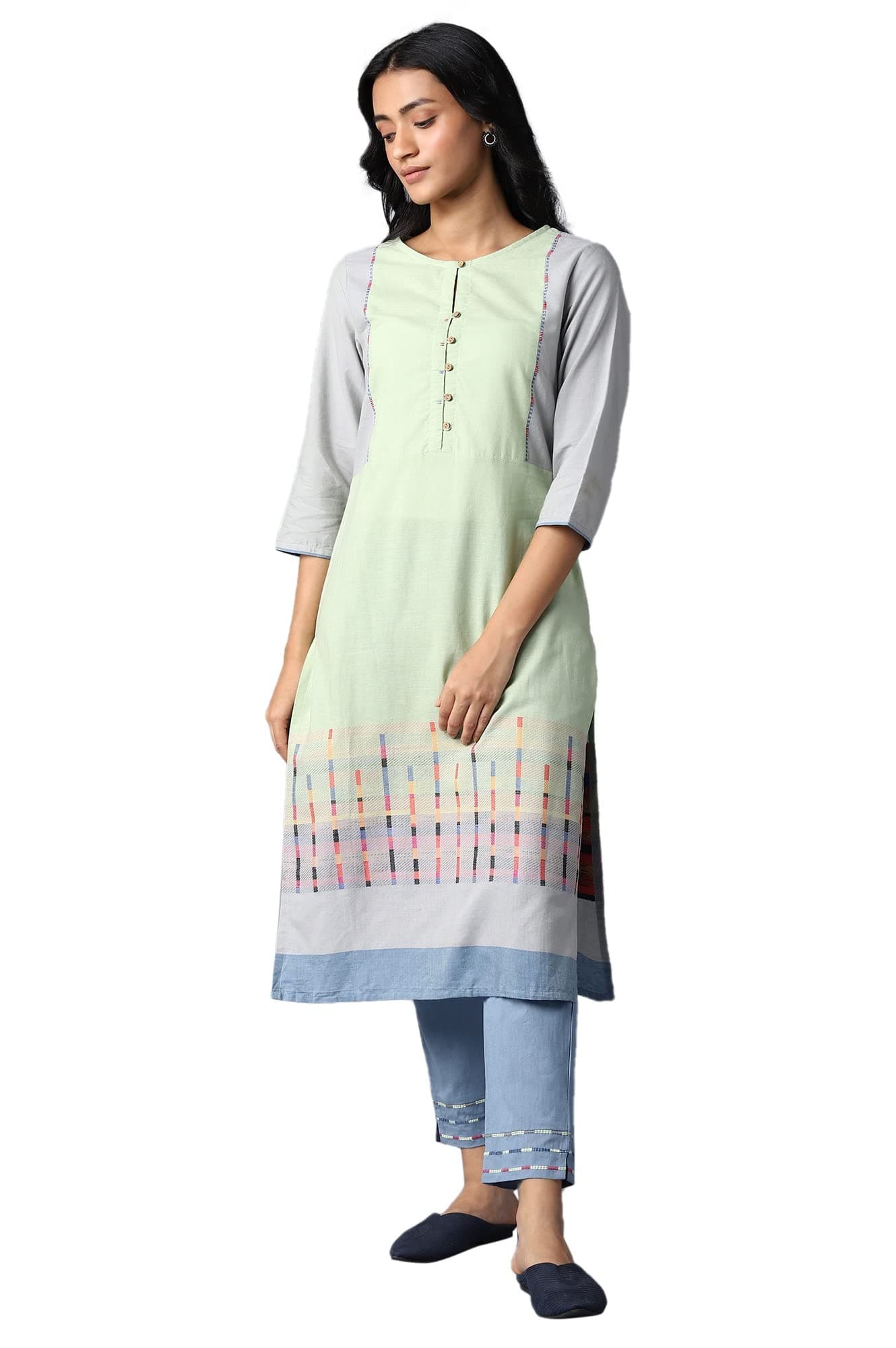 W for WomanWomen Cotton Printed Keyhole Neck Straight Kurta