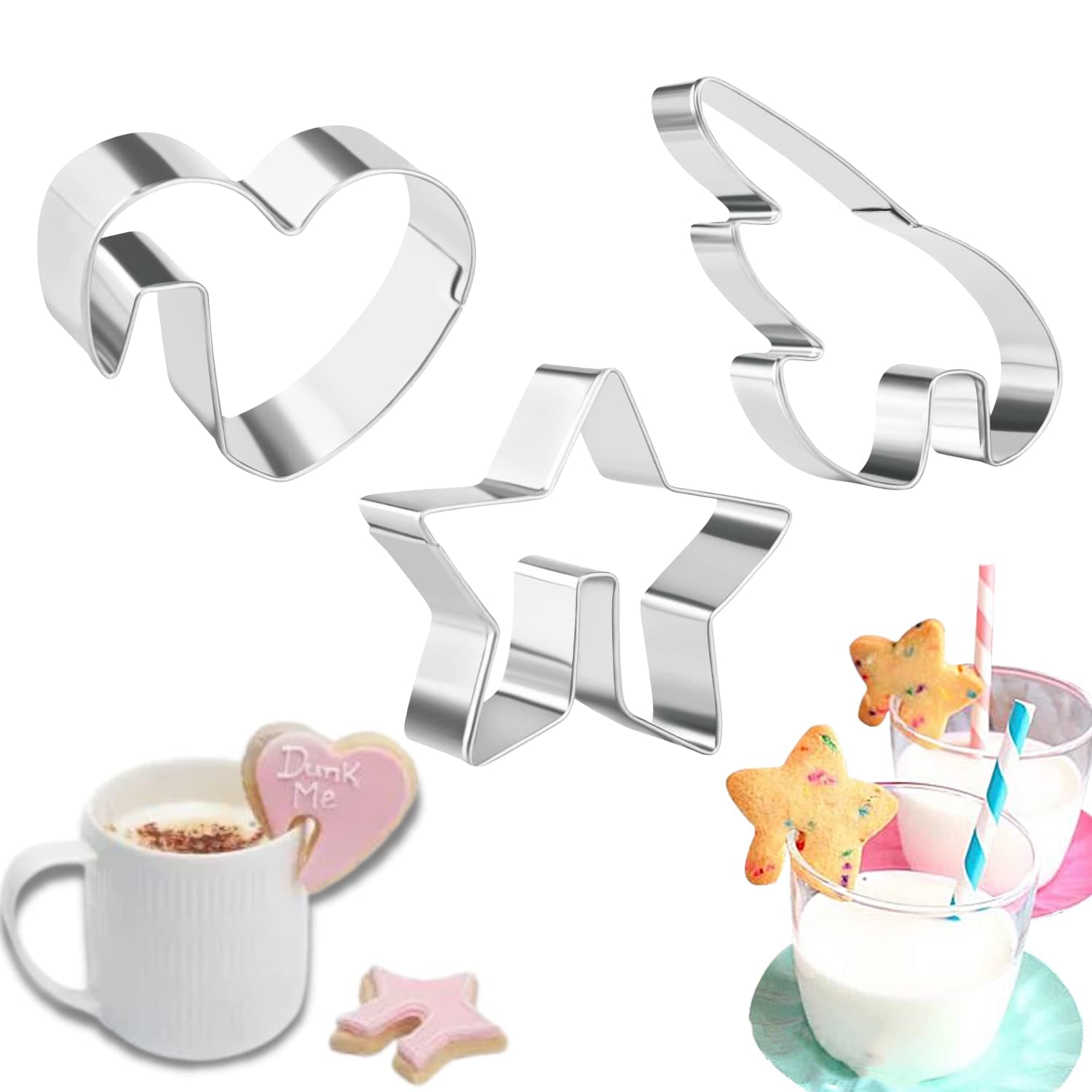 Crethinkaty 3PCS Valentine's Day Stainless Steel Hanging Cup Cookie Cutter Over The Edge Mug Rim Biscuit Mould DIY Cake Decoration