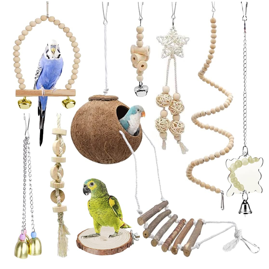 9-Piece Parrots Chewing Toy Set - Natural Wood & Rope Bungee Toys for Anchovies, Coconut Hideaway with Ladder, Bird Perch Stand, Cage Accessories for Parakeets, Cockatiel, Conure, Mynah, Macaw
