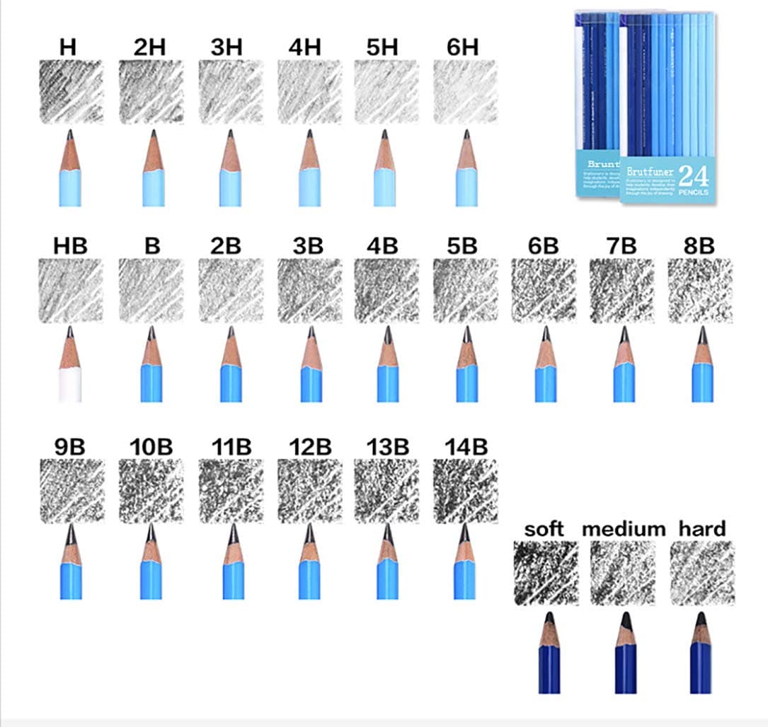 Sketching Pencils Set - 24 Pieces Drawing Pencils H-2H-3H-4H-5H-6H-HB-B-2B-3B-4B-5B-6B-7B-8B-9B-10B-11B-12B-13B-14B-Charcoal Soft-Charcoal Hard-Charcoal Medium