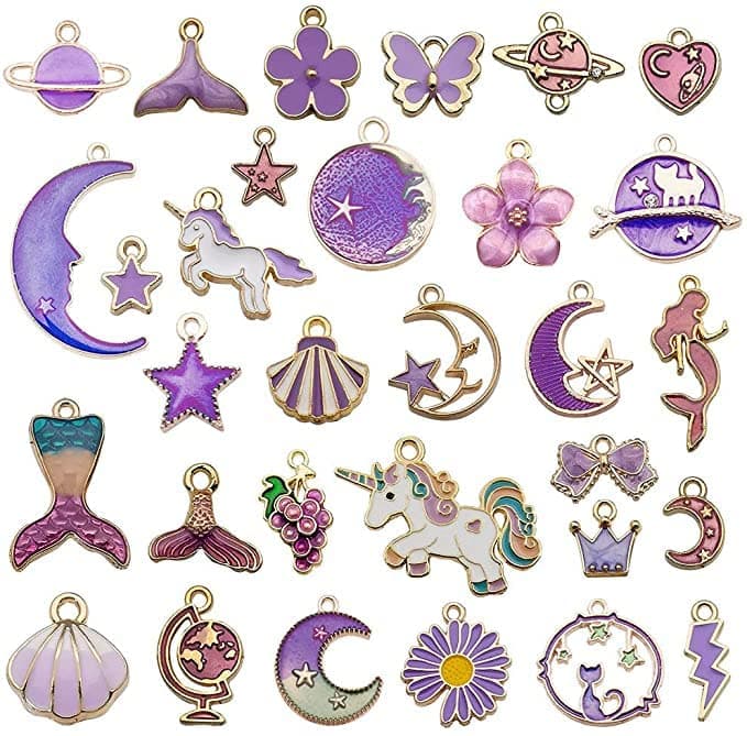 Street27® 1 Set 31pcs DIY Mixed Assorted Gold Plated Enamel Charm Unicorn Flower Dress Fish Shell Moon Star Animals Pendant DIY for Necklace Bracelet Jewelry Making and Crafting Charms (Purple)