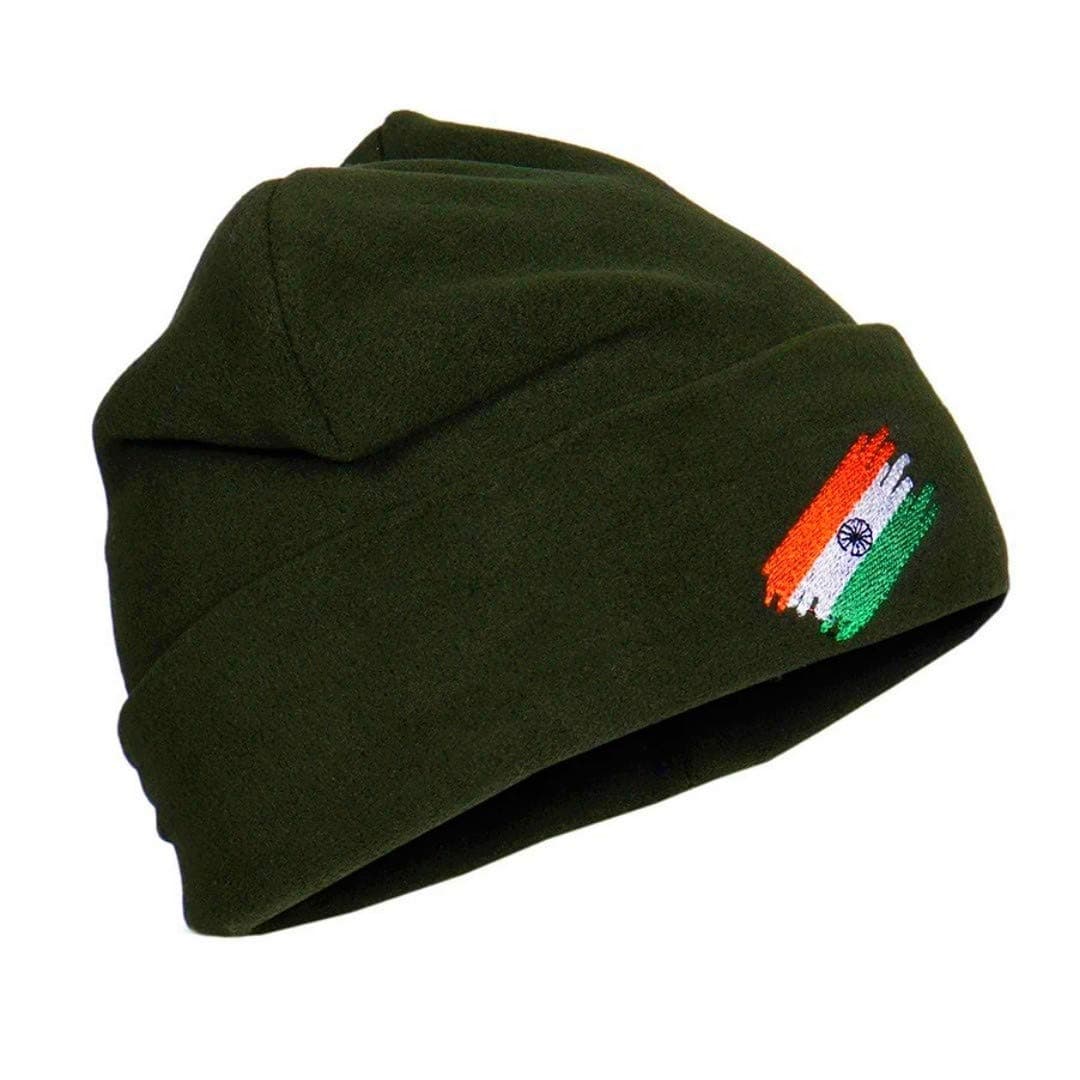 Unisex Army Military Woolen Caps for Men Women, Indian Topa for Winter Season - Free Size (Flag Print) Green
