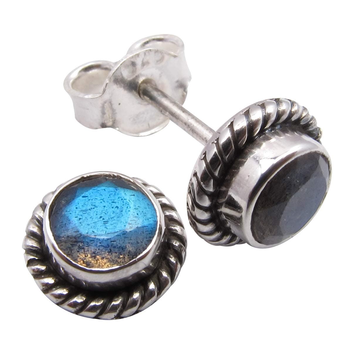 925 Solid Silver Natural Round Labradorite tcw 1.2 Stud Earrings 0.3"