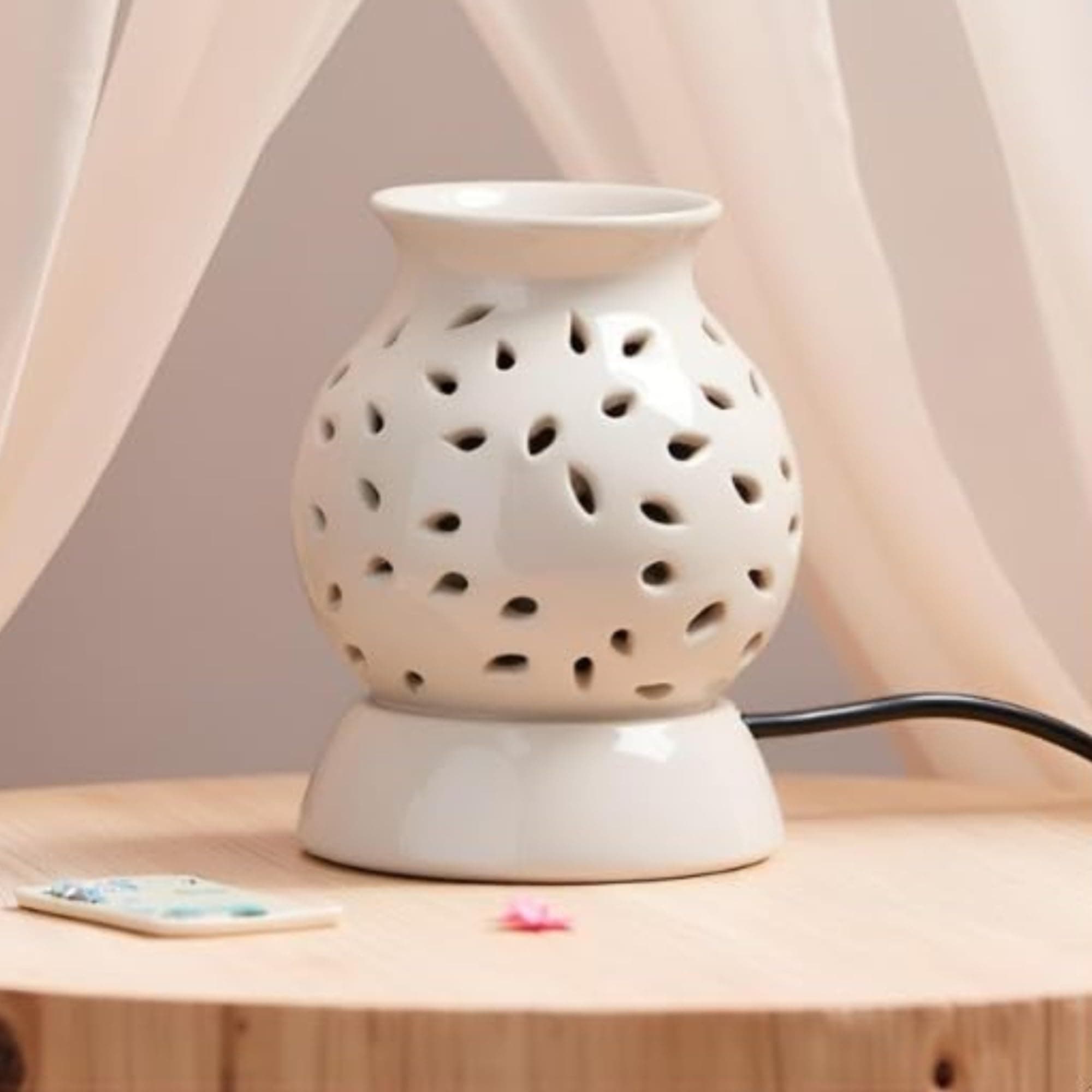 Nualoha Ceramic Electric Aroma Diffuser - Decorative Essential Oil Burner and Home Fragrance Diffuser with Light. Gift Set Includes Extra Bulb and 10 ml Jasmine Oil for Home, Office, or spa use.