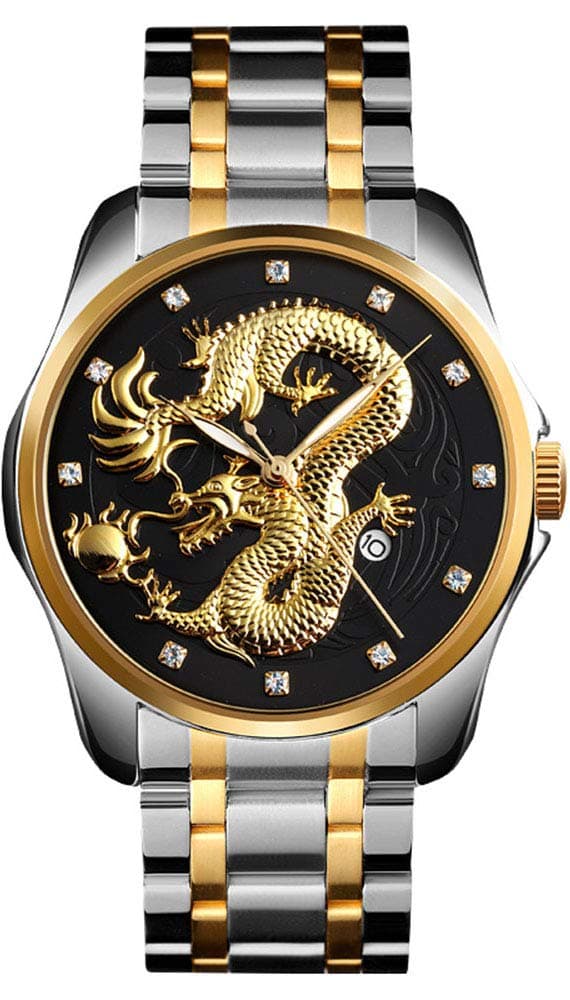 Men Boy Luxury Gold Chinese Dragon Carved Dial Diamond Quartz Watch Casual Waterproof Sport Stainless Steel Wristwatch