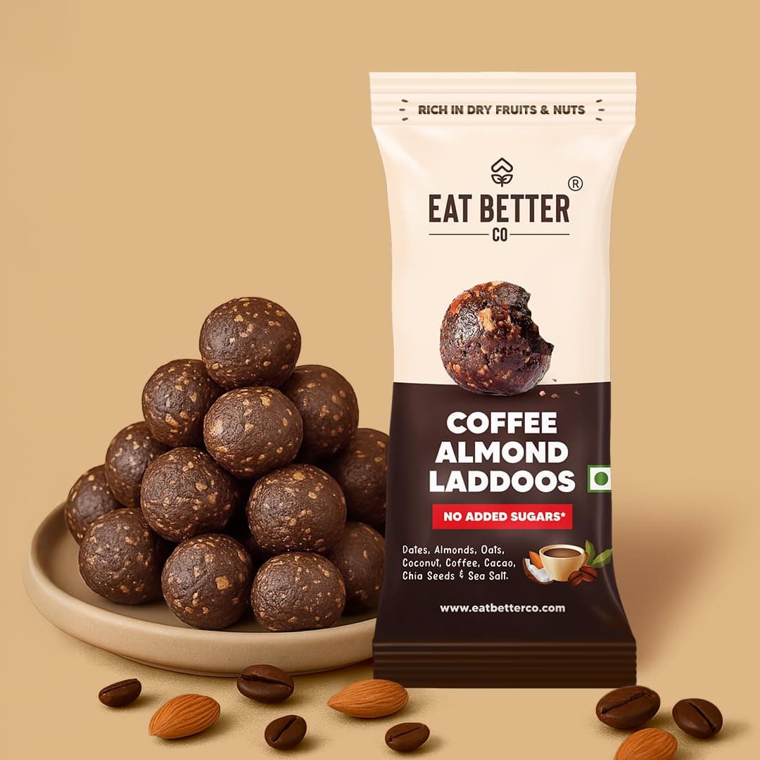 EAT BETTER CO - Coffee & Almond - Sugar-Free Laddoos | High Protein & Instant Energy | 95% Dry-Fruits - Pack of 4 - Healthy Chocolate – No Added Sugar | Healthy Snacks | Energy-Bar Replacement (40gm)