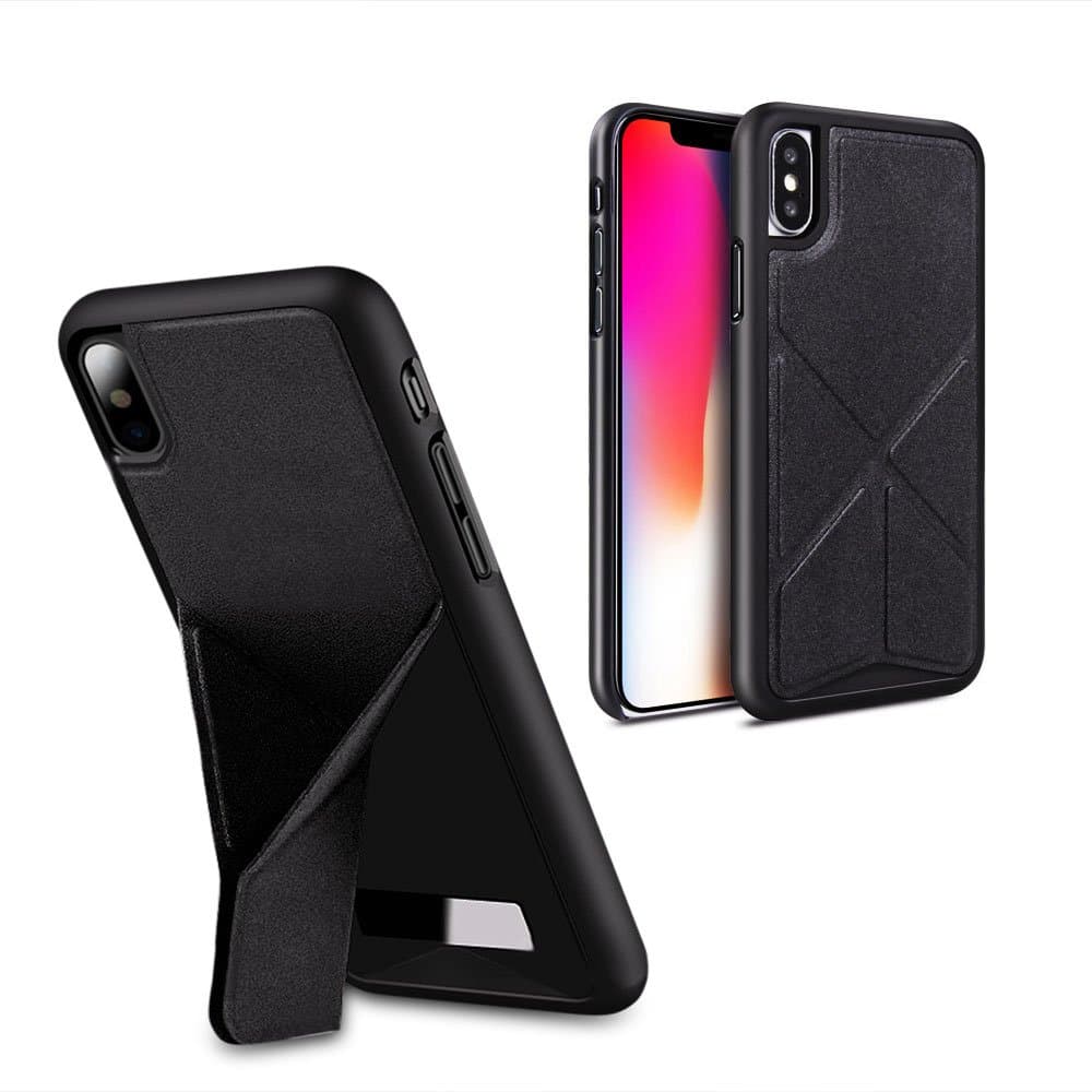 iPhone X Case,iPhone 10 Case,iPhone Kickstand Case,Saulan Dual Layer Protection Hybrid Cover with Foldable Magnetic Stand,Microfiber velvet Impact Resistant Shockproof Case for Apple iPhone X,Black