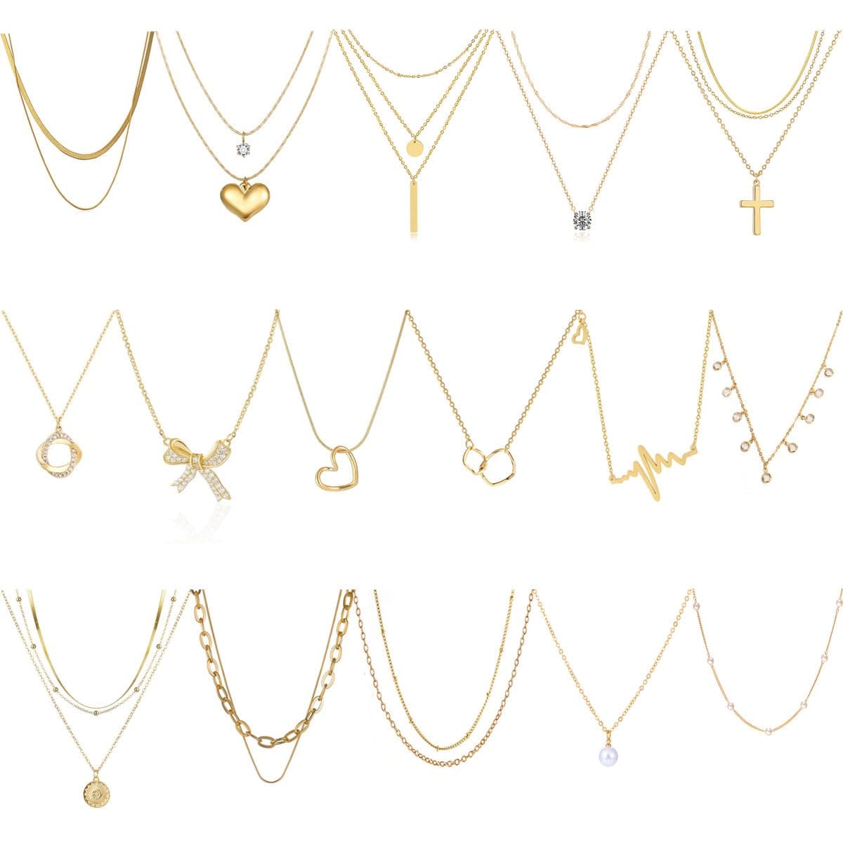 Myofeng 16Pcs Gold Necklaces Set for Women 14k Gold Plated Dainty Trendy Pendant Chain Choker Pack Multilayer Necklace Set for Women Adjustable Jewelry Gift
