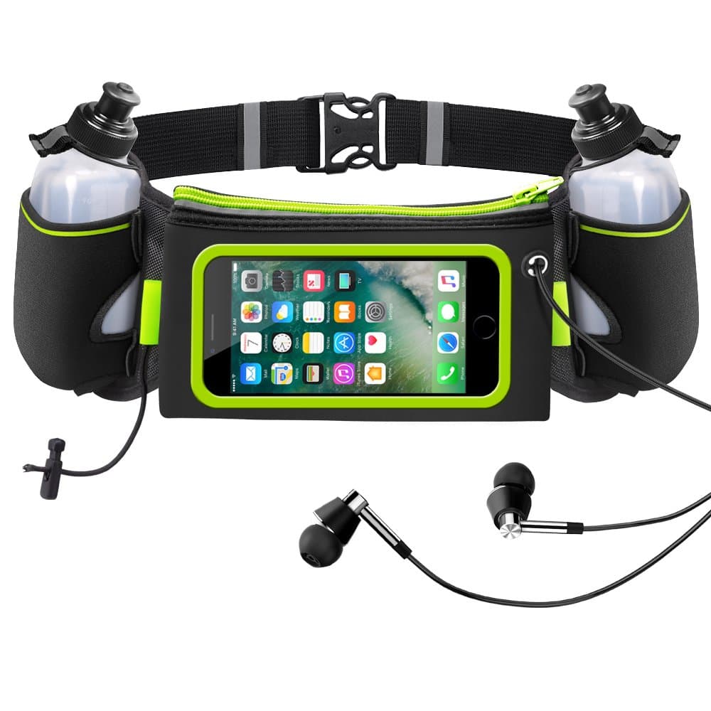 iRainy Hydration Running Belt W Two 12oz Water Bottles Touchscreen Running Pouch Belt Fits iPhone 6 Plus, 6S, Samsung S6, S7 for Running Jogging Marathons or Other Outdoor Activities