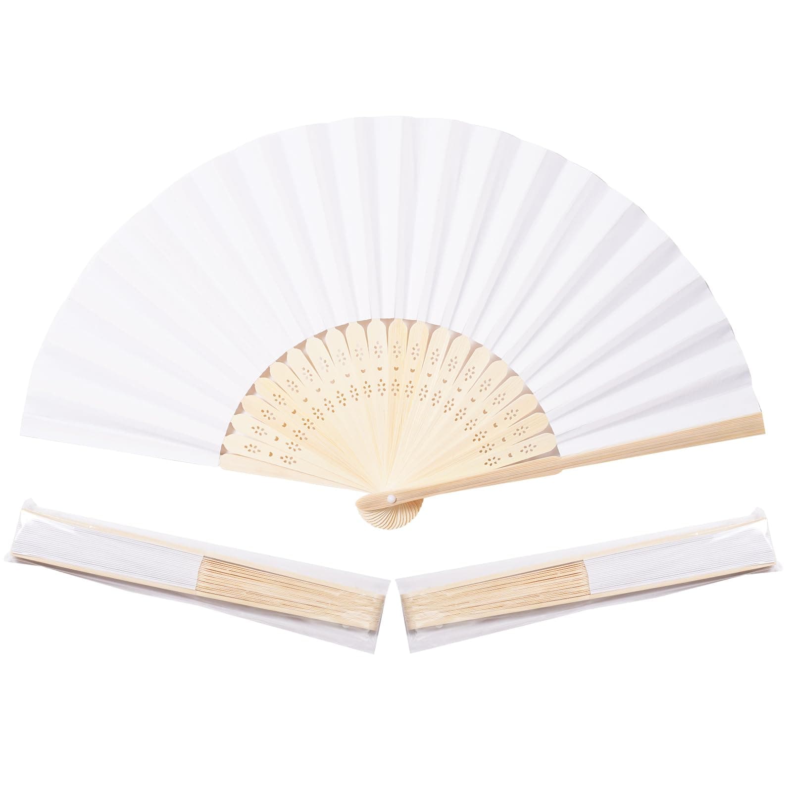 50pcs White Paper Hand Fan Bamboo Folding,Handheld Paper Folded for Wedding Party and Home Decoration