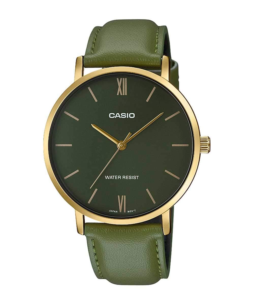 Casio Men's Analog Quartz Watch with Leather Strap MTP-VT01GL-3BUDF (A1782), Green, Strap