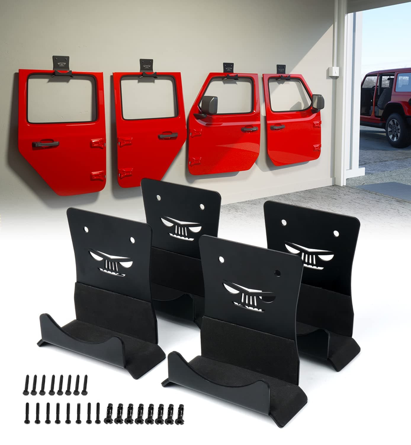 Xprite Wall Mount Door Storage Hangers, 4 PCS Removable Heavy Duty Metal Door Storage Holder Hooks Bracket with Rubber Lining Compatible with 1956-2026 Jeep Wrangler CJ YJ TJ LJ JK JKU JL JLU JT