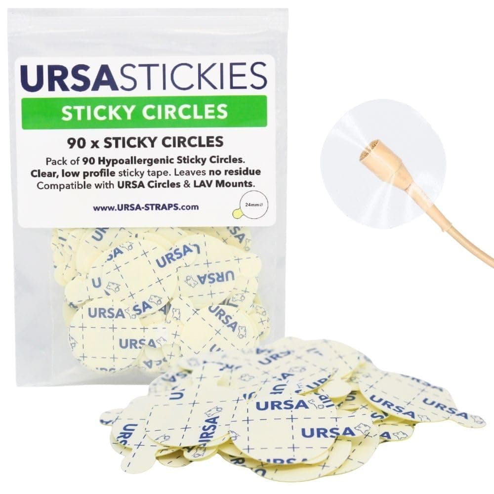 – URSA Sticky Circles - Pack of 90 | Hypoallergenic Double-Sided Sticky Tape for Lavalier Lapel Mics | 24mm Diameter Lav Mic Stickies | Leaves No Residue | Compatible with Rode, Sennheiser, Tascam Mics