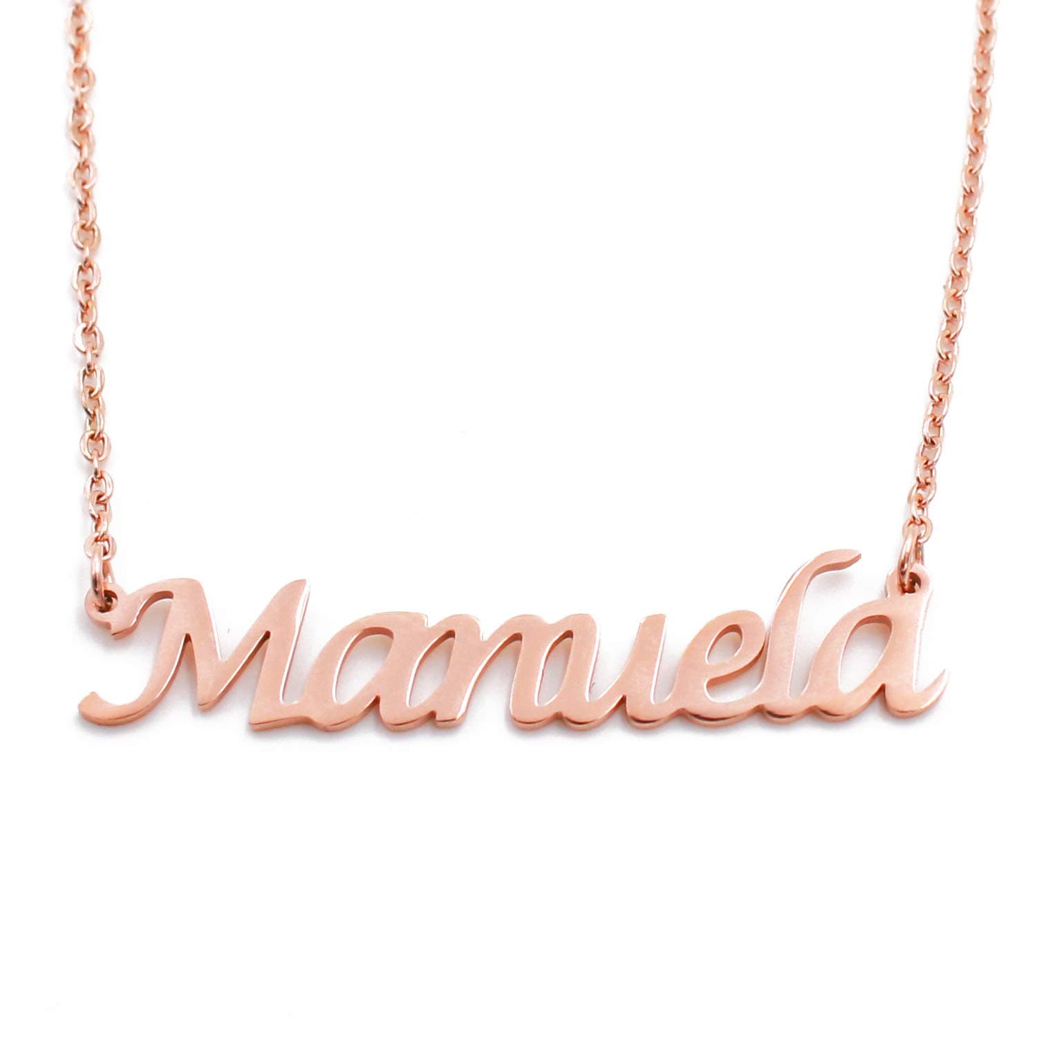 Kigu Manuela Name Necklace Personalised 18ct Rose Gold Plated, Custom Dainty Name Pendants, Jewellery for Ladies, Girlfriend, Mother, Sister, Friends Inc Bag & Box