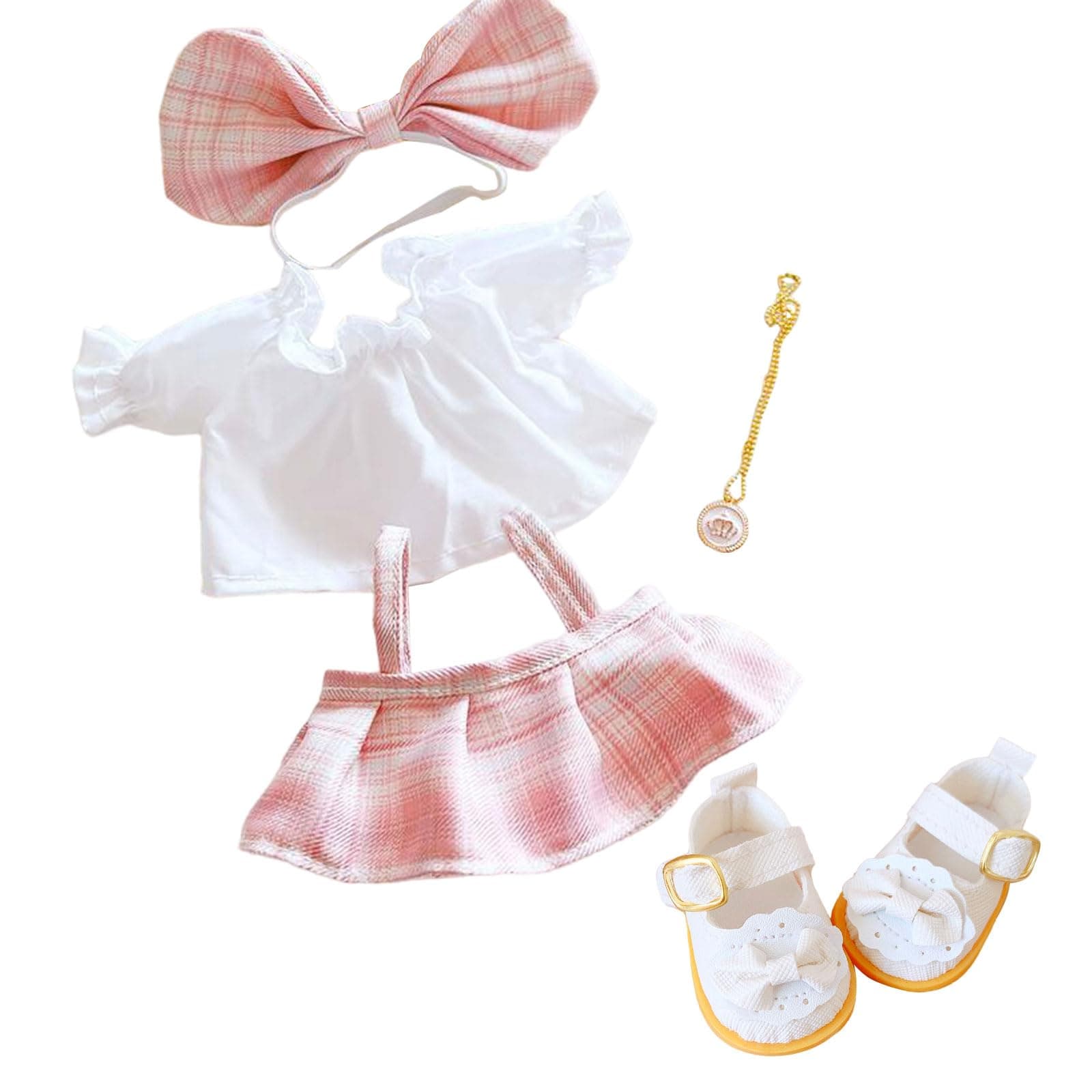 CALEMBOUCALEMBOU Plush Doll Clothes Set, Cute JK Uniform Set, Doll Dress Shirt Bow Necklace Shoes 5Pcs Outfits for 20cm/8 inch Soft Dolls Stuffed Animals (Pink Clothes set-20cm/8)