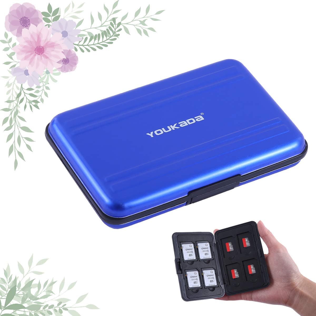 YOUKADA Metal Memory Card Case Holder Water-Resistant Pocket-Sized SD Holder for 8 SD Cards & 8 Micro SD Cards (Blue)