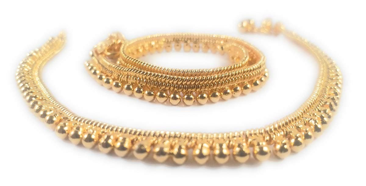 AFJ GOLD Women's Thin Size Gold Plated Brass Stylish Anklets Padhasaram Kolusu Payal Ghungroo (Gold)