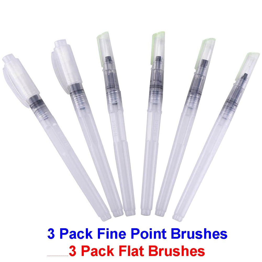 KKMore Assorted Brush Tips Set Water Brush Pen for watercolouring Oil Acrylic Painting (3 Pack Fine Point Brush 3 Pack Flat Brush Tip )