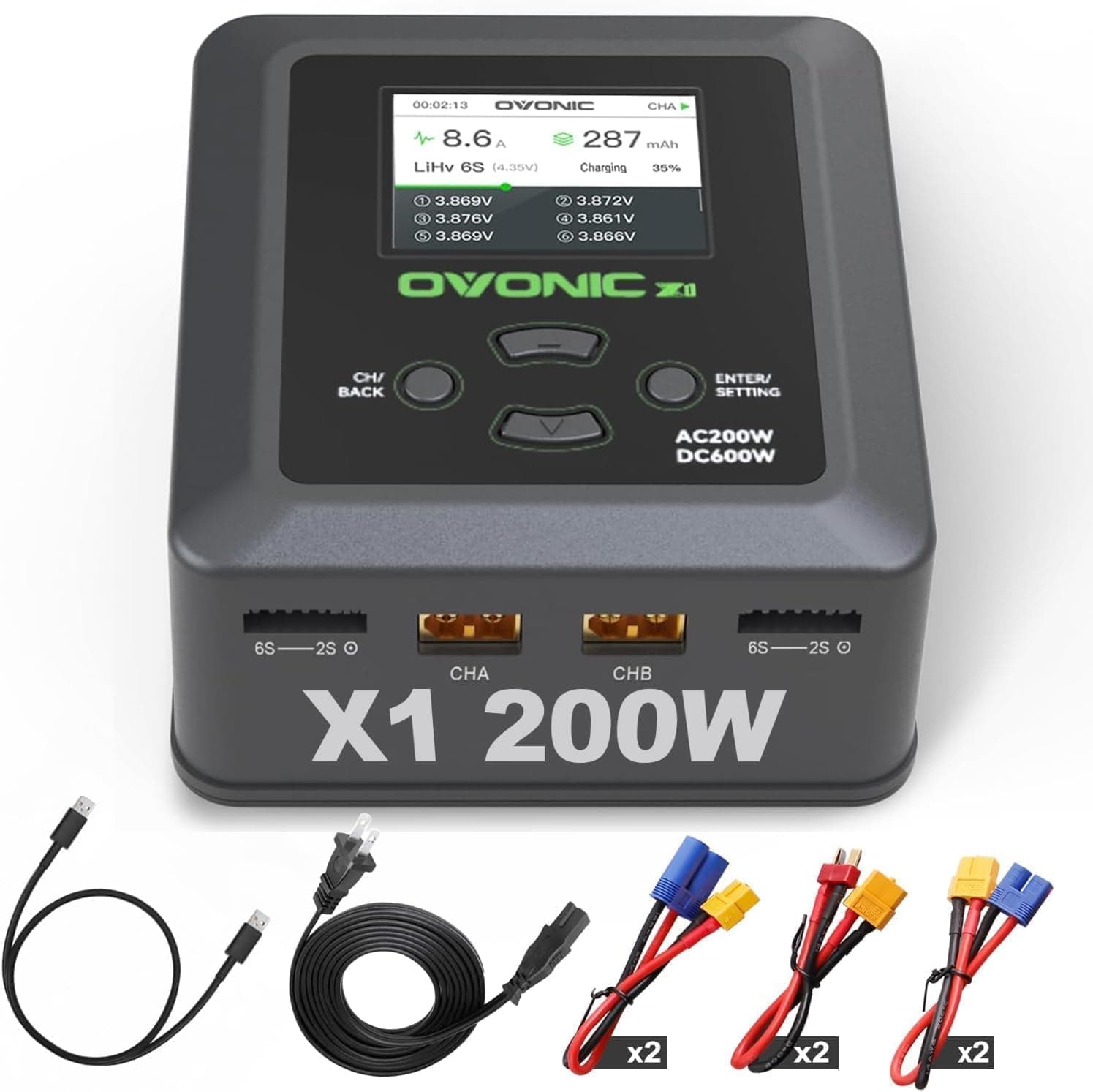 OVONIC X1 Dual RC Lipo Battery Balance Charger for 1s 2s 3s 4s 5s 6s Lipo Batteries, Life/NiCd/NiMH/LiHV Batteries - AC 200W / DC 600W 15A Smart Fast Charging, with Sync Charging Mode
