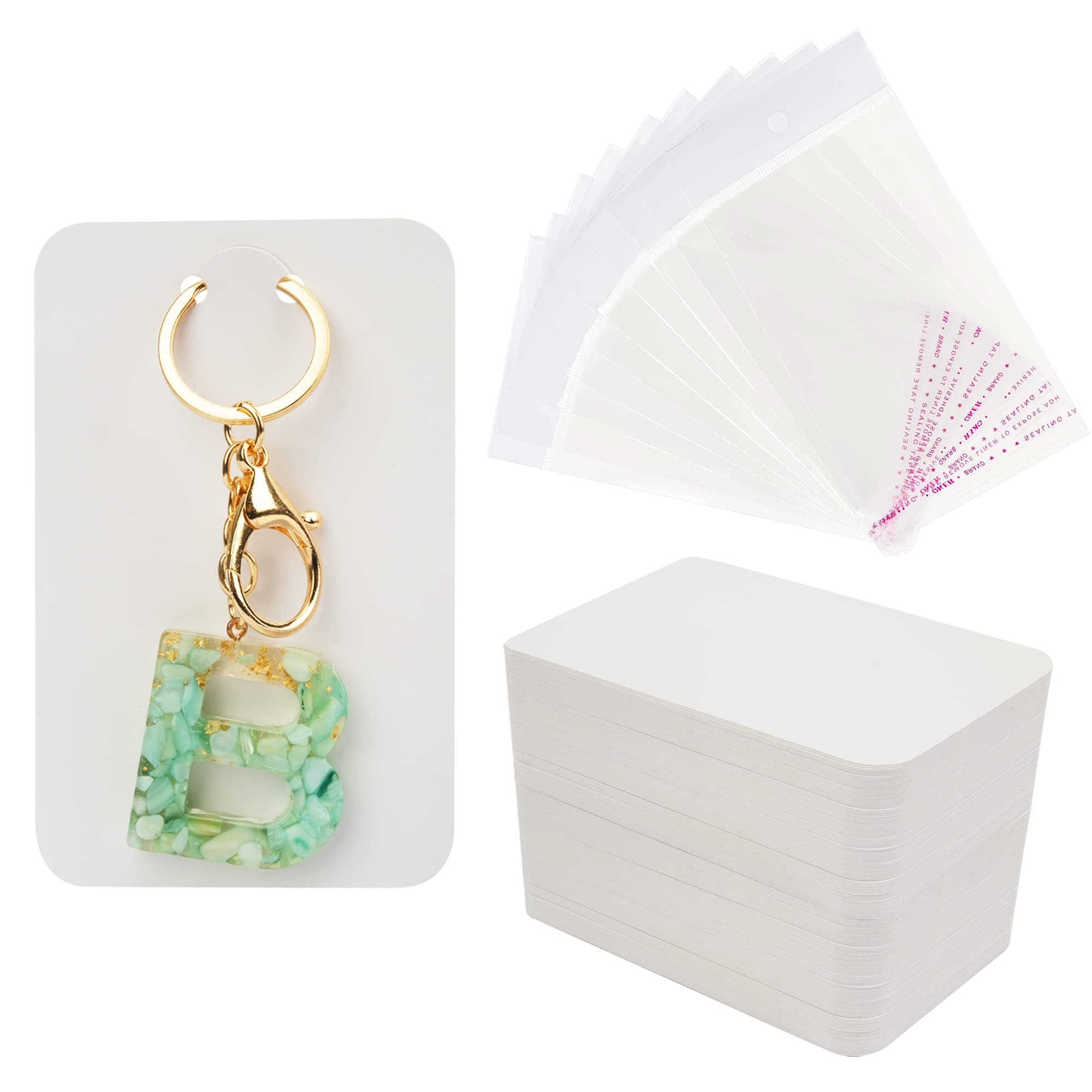 Temlum 100 Pcs Keychain Display Cards with Self-Sealing Bags, 3'' x 4.7'' Keychain Cards Holder for Display Keyring Cards Jewelry Packaging Supplies (White)