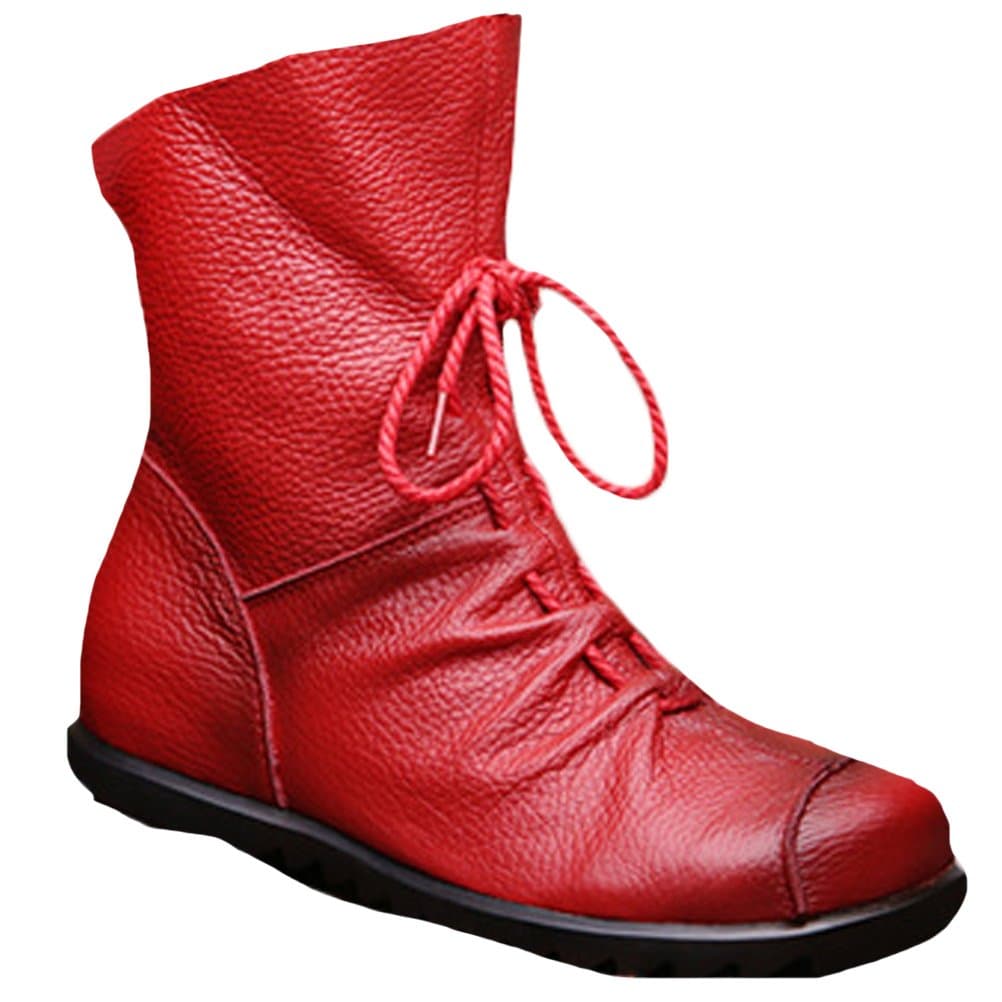 Voguees Women's Handmade Leather Inside Heighten Lace Up Boots Style 1 Red with Fleece UK4-4.5/EU37-37.5/CH38