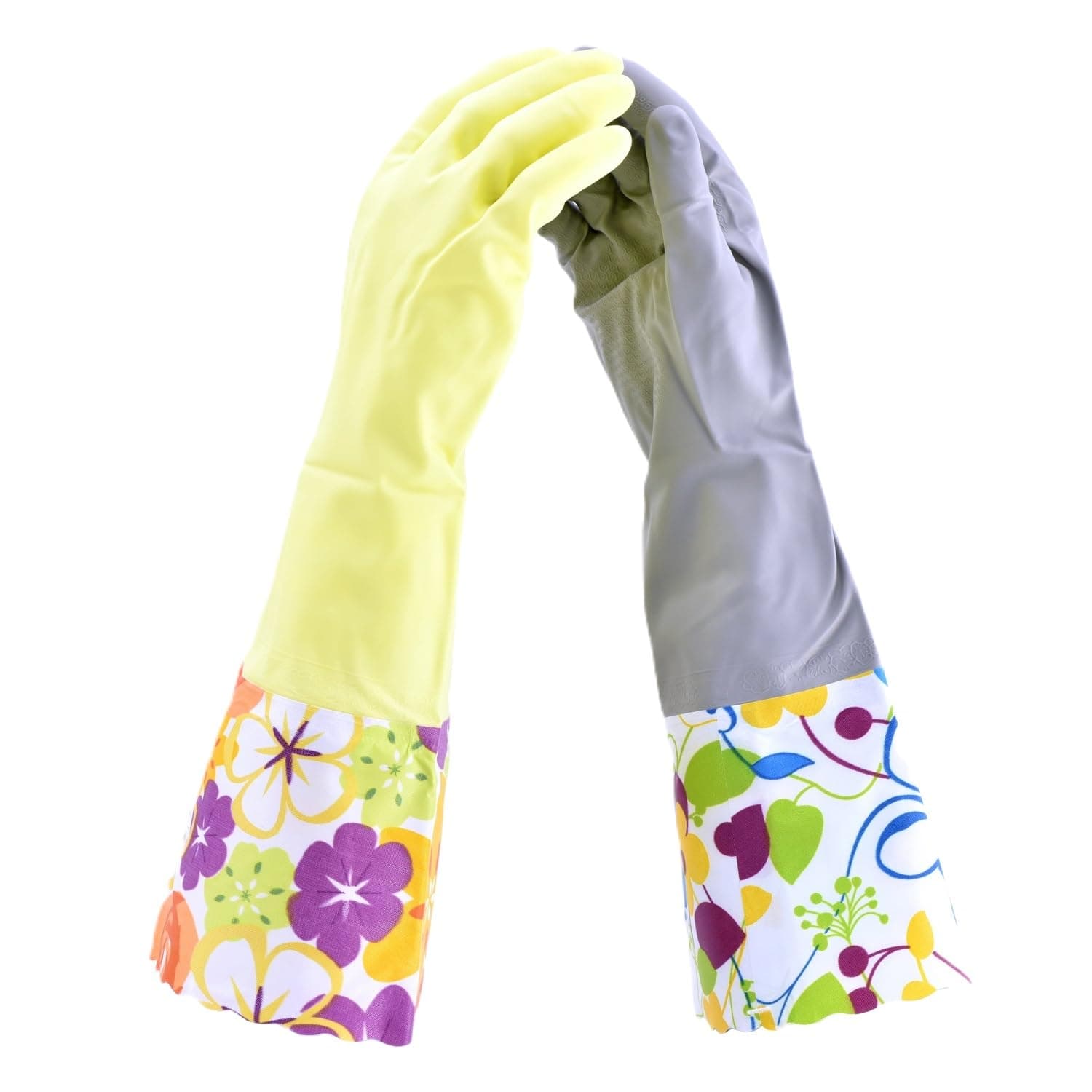 Household Gloves Latex Free Cleaning Grey and Yellow Gloves with Soft Lining Long Cuff 15" & Grip (2 Pair), Large