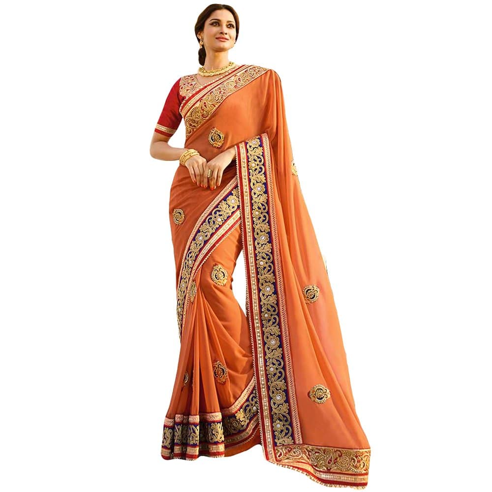 Shree Designer Sarees Women's Orange Georgette with Heavy Work Fancy Designer Saree
