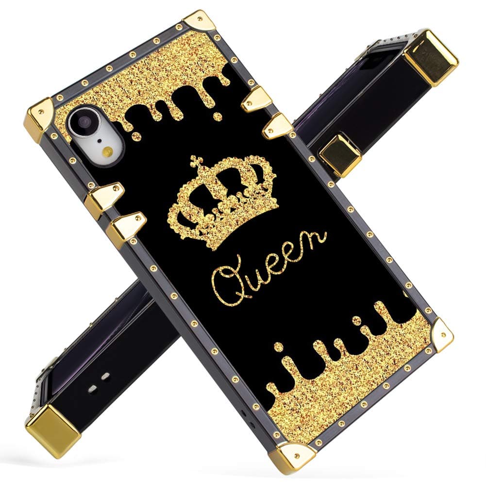 Fiyart Designed for iPhone Xr Case Luxury Queen Golden Crown Gold Glitter Square Soft TPU Wrapped Edges and Hard PC Back Stylish Classic Retro Case 6.1 inch