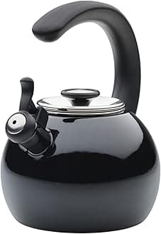 Enamel on Steel Whistling Induction Teakettle, Tea Kettle for Stovetop with Flip-Up Spout, 2-Quart, Black