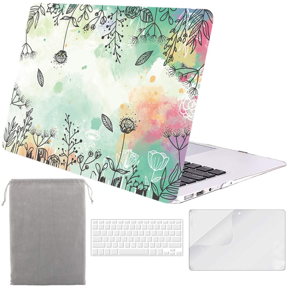 for Older MacBook Air 13 Inch Case for 2010-2017 Old Version,Model A1369 / A1466 4 in 1 Hard Shell Case & HD Screen Protector & TPU Keyboard Cover & Sleeve - Black White Flowers
