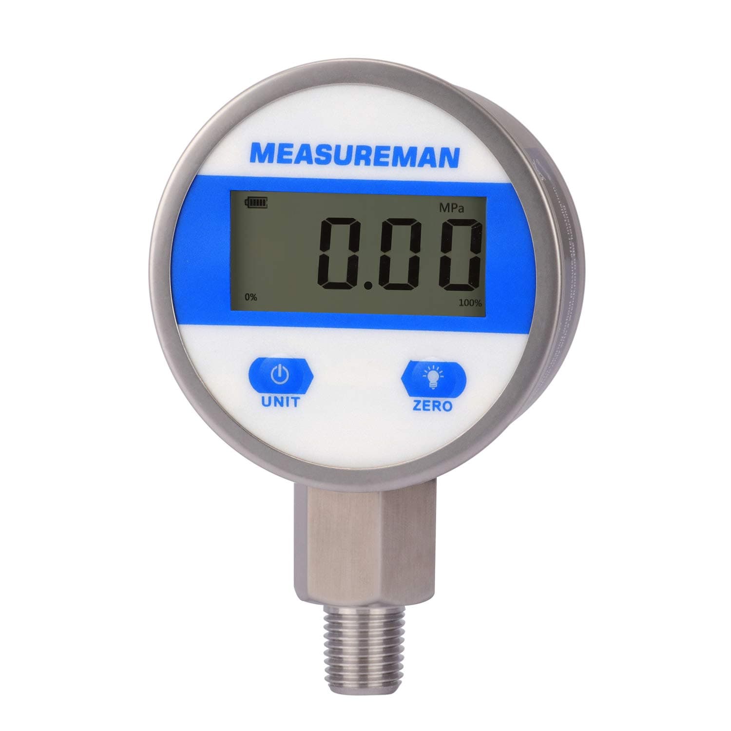 - 2-1/2" dial, Digital Industrial Pressure Gauge with 1/4" NPT Lower Mount, Stainless Steel case and Connection, 0-100psi/bar, 1%,Battery Powered, with LED Light